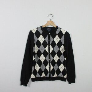 Brooks Brother Womens Argyle Cardigan Black Merino Wool 100 S Sweater Preppy 210